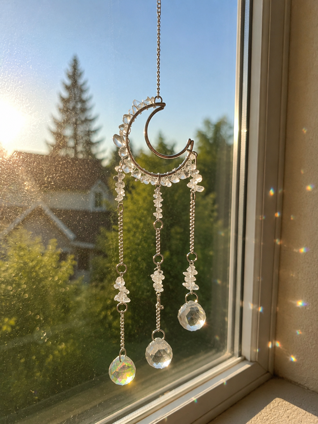 Hand Made Clear Quartz Crescent Moon Sun Catcher