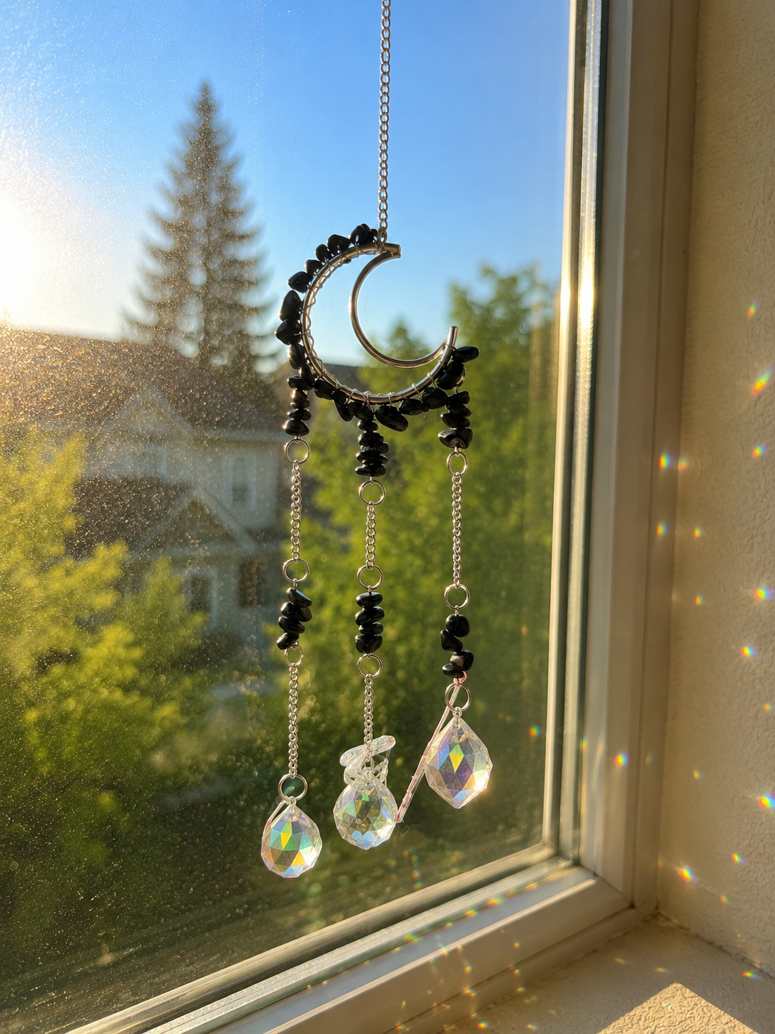 Hand Made Black Obsidian Crescent Moon Sun Catcher